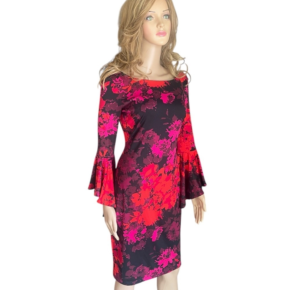 FRANK LYMAN design red/black Floral Bell-Sleeve
Sheath Dress dress size 4 - Picture 2 of 13